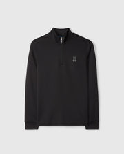 This Psycho Bunny MENS LAURIER 1/4 ZIP HOODIE - B6S149D200 showcases a sleek athleisure design with its black long-sleeve pullover style, crafted from plush cotton jersey. It includes a short zipper at the neckline and is accented by a subtle white bunny logo on the left chest. The hoodie is displayed flat against a plain white background.