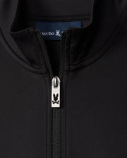 This MENS LAURIER 1/4 ZIP HOODIE - B6S149D200 in black from Psycho Bunny features a front zipper adorned with a bunny skull logo on the pull. Embodying an athleisure vibe, the hoodie’s collar and inner label subtly echo the word "psycho," evoking a bold cotton jersey style.