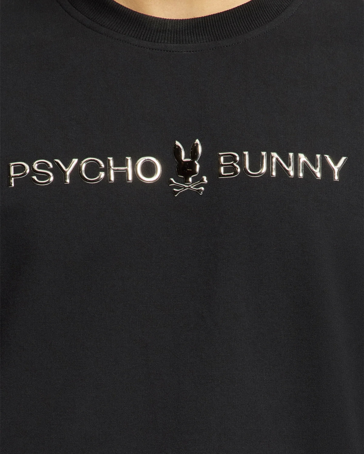 Close-up of the MENS LAVETA FRENCH TERRY SWEATSHIRT - B6S159E200 in black, featuring "PSYCHO BUNNY" in metallic silver with a small bunny logo and ears between the words.
