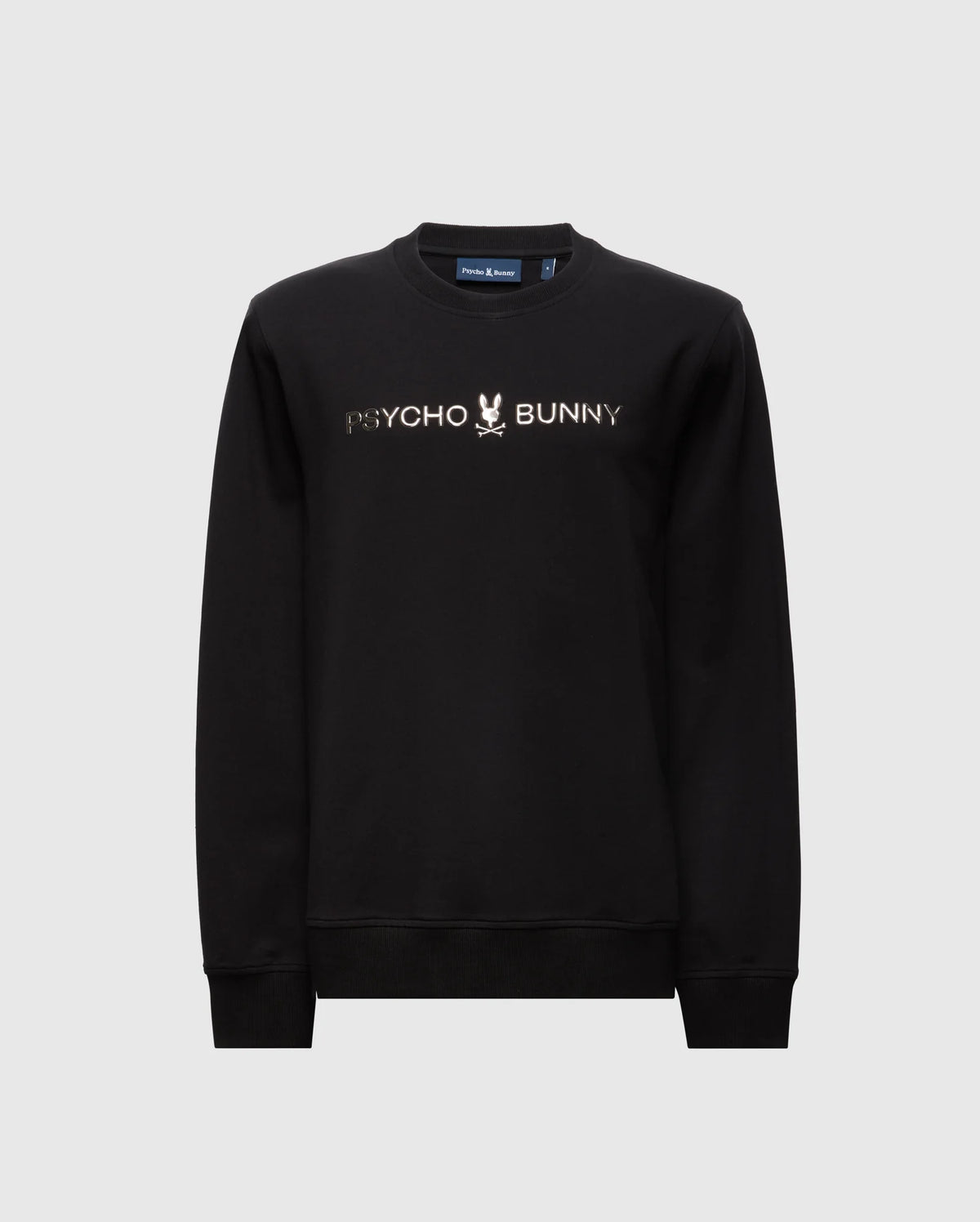 The MENS LAVETA FRENCH TERRY SWEATSHIRT by Psycho Bunny features a trendy black crew style with "Psycho Bunny" and a subtle bunny skull logo at the center. Crafted from comfortable cotton, it showcases a minimalist design that pops against a plain background.