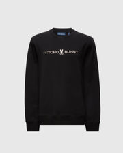 The MENS LAVETA FRENCH TERRY SWEATSHIRT by Psycho Bunny features a trendy black crew style with "Psycho Bunny" and a subtle bunny skull logo at the center. Crafted from comfortable cotton, it showcases a minimalist design that pops against a plain background.
