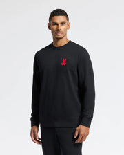 A man wearing the Psycho Bunny MENS PIERCE PEACHED TERRY CREW - B6S278E200, which features an embroidered small red graphic on the chest, stands against a plain background. His hands are relaxed by his sides, and he has short dark hair.