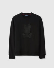 The Psycho Bunny Men's Kingston Sweatshirt (B6S480D200) is crafted from lush cotton jersey in black and showcases a striking 3D-embroidered rabbit head with crossed bones on the front. Complete with long sleeves and a crew neckline, the design stands out against its plain background.