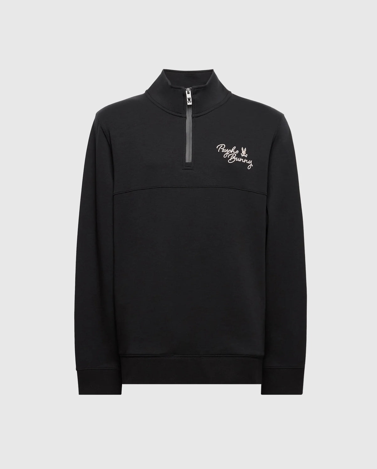 The Psycho Bunny MENS DESERT 1/4 MOCK ZIP - B6S488F200 is a black quarter-zip pullover with an embroidered wordmark logo and zip-up collar. Made from 100% cotton, its soft, casual fabric ensures comfort. It features a plain light gray background.