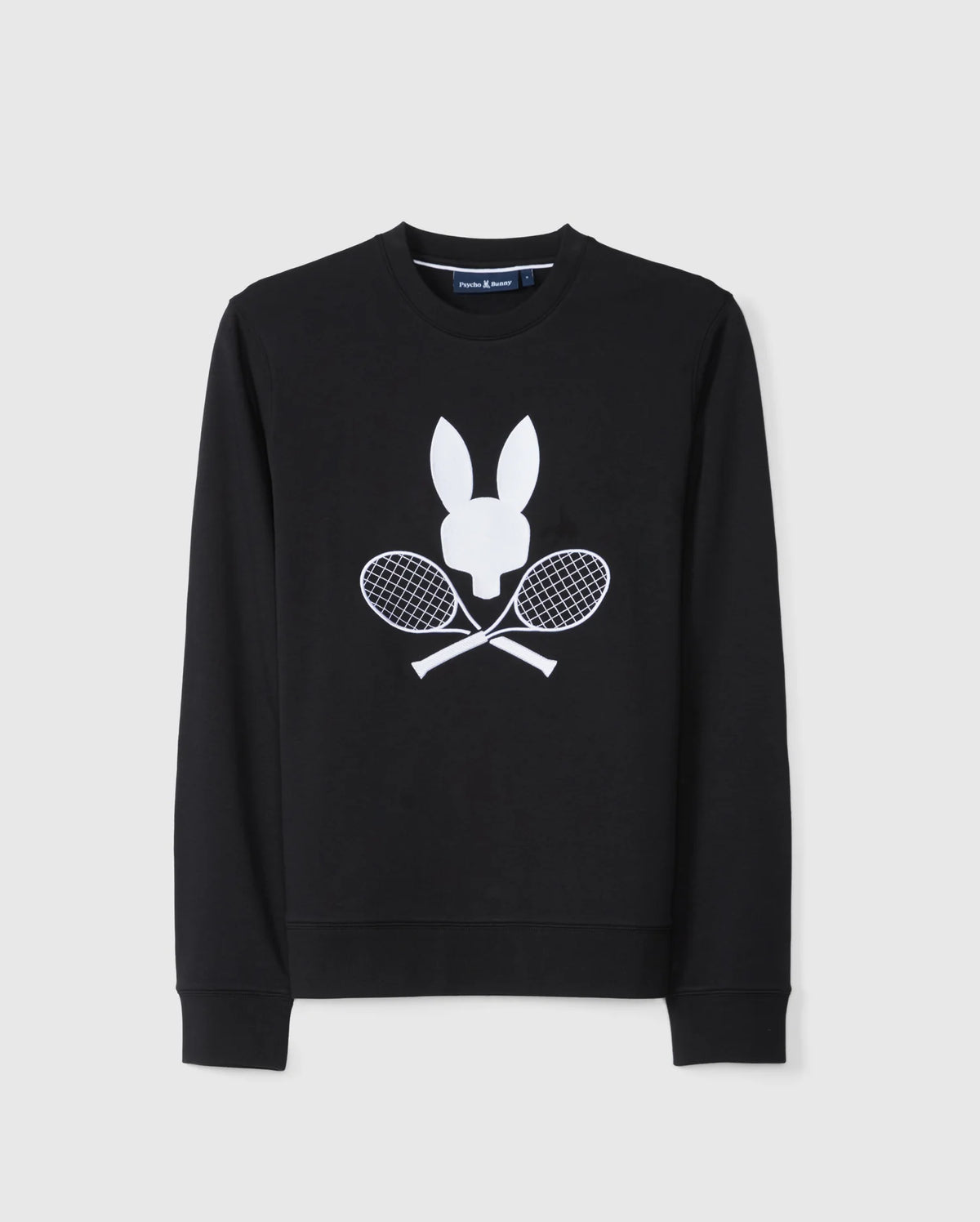 The MENS COURTSIDE SWEATSHIRT - B6S688C200 by Psycho Bunny is made from breathable cotton-blend fabric and showcases a sleek black design with a stylized bunny head above two crossed tennis rackets, adding a tennis-inspired touch.