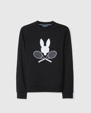 The MENS COURTSIDE SWEATSHIRT - B6S688C200 by Psycho Bunny is made from breathable cotton-blend fabric and showcases a sleek black design with a stylized bunny head above two crossed tennis rackets, adding a tennis-inspired touch.