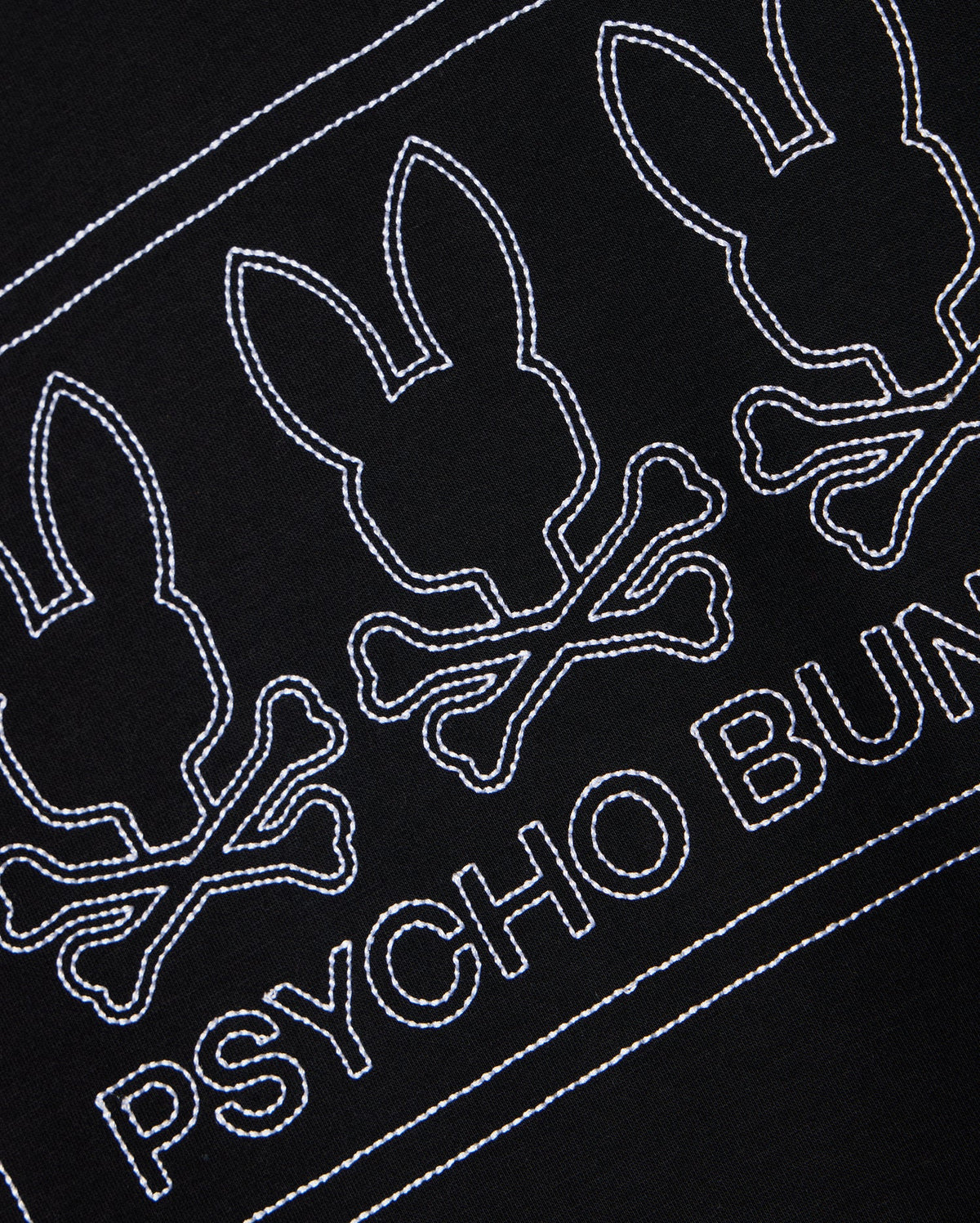 This MENS TACOMA MODAL SWEATSHIRT - B6S927D200 by Psycho Bunny is crafted from premium modal fabric and showcases a striking black design. It features three white embroidered bunny skull motifs with crossbones, along with the "PSYCHO BUNNY" name stitched in white beneath, providing luxurious comfort and a unique style.