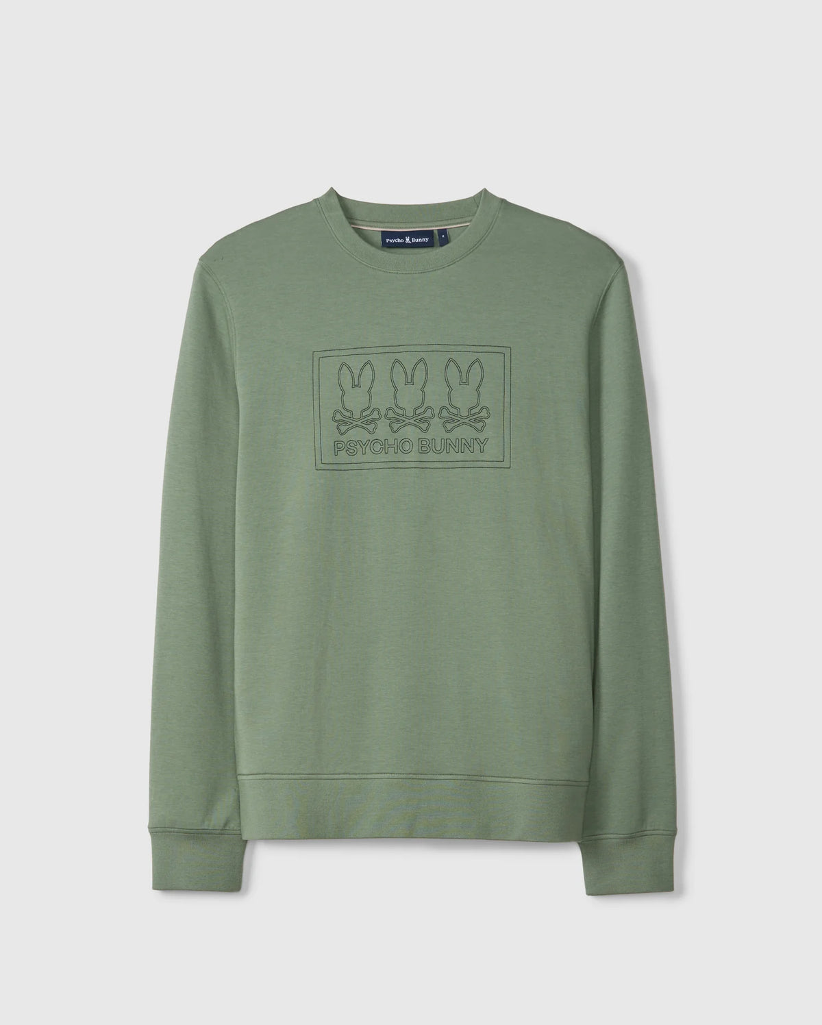 The MENS TACOMA SWEATSHIRT - B6S927D200 from Psycho Bunny offers a blend of luxurious comfort and style with its green crewneck design. It features an embossed pattern of three bunnies above the brand name "Psycho Bunny" on the front, crafted from premium stretch fabric for a perfect fit on any occasion.
