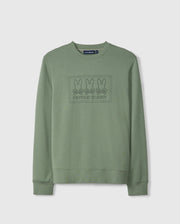 The MENS TACOMA SWEATSHIRT - B6S927D200 from Psycho Bunny offers a blend of luxurious comfort and style with its green crewneck design. It features an embossed pattern of three bunnies above the brand name "Psycho Bunny" on the front, crafted from premium stretch fabric for a perfect fit on any occasion.