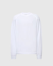 The Psycho Bunny MENS TAYLOR PIQUE LONG SLEEVE TEE (B6T580F200) features a white crew neck design on a plain gray background, accentuated by a subtle embroidered Bunny logo on the left chest. Crafted from soft Pima cotton with ribbed cuffs for a minimalist touch.