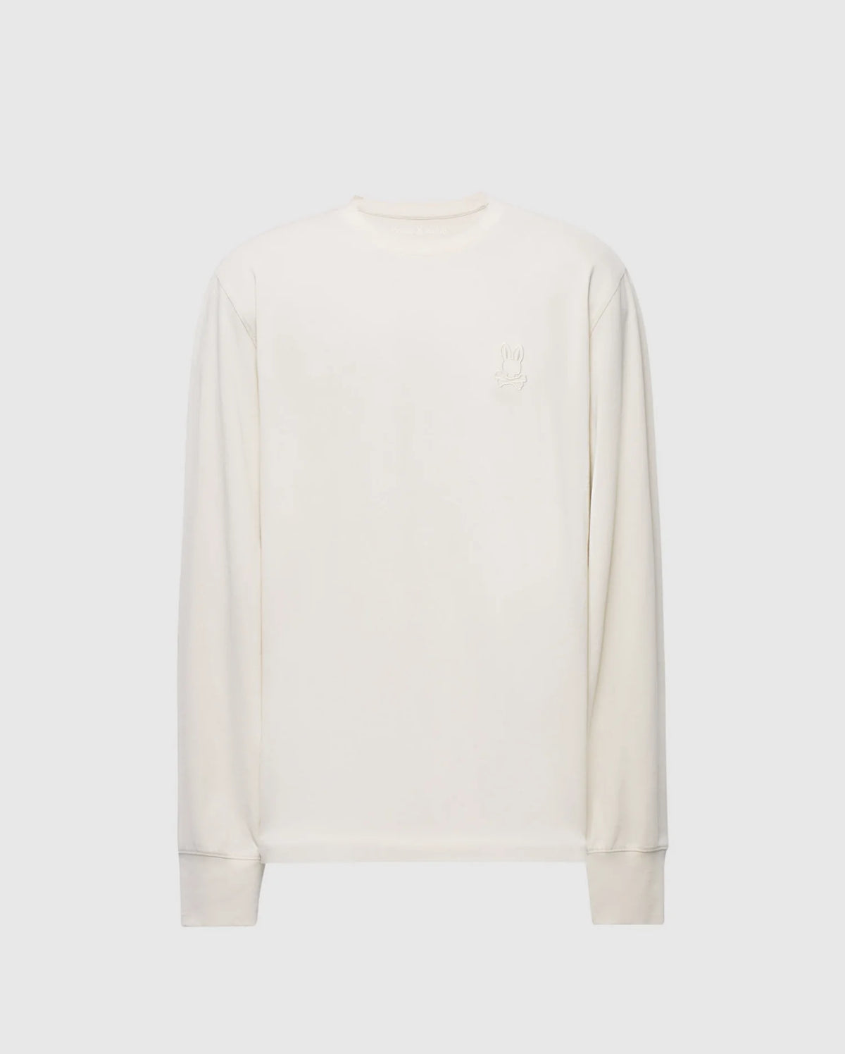 The Psycho Bunny Mens Alberton Long Sleeve Tee - B6T867D200 is crafted from soft Pima cotton in off-white, featuring a round neckline and a small embroidered hand symbol on the left chest. Ideal for layering.