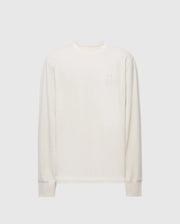 The Psycho Bunny Mens Alberton Long Sleeve Tee - B6T867D200 is crafted from soft Pima cotton in off-white, featuring a round neckline and a small embroidered hand symbol on the left chest. Ideal for layering.