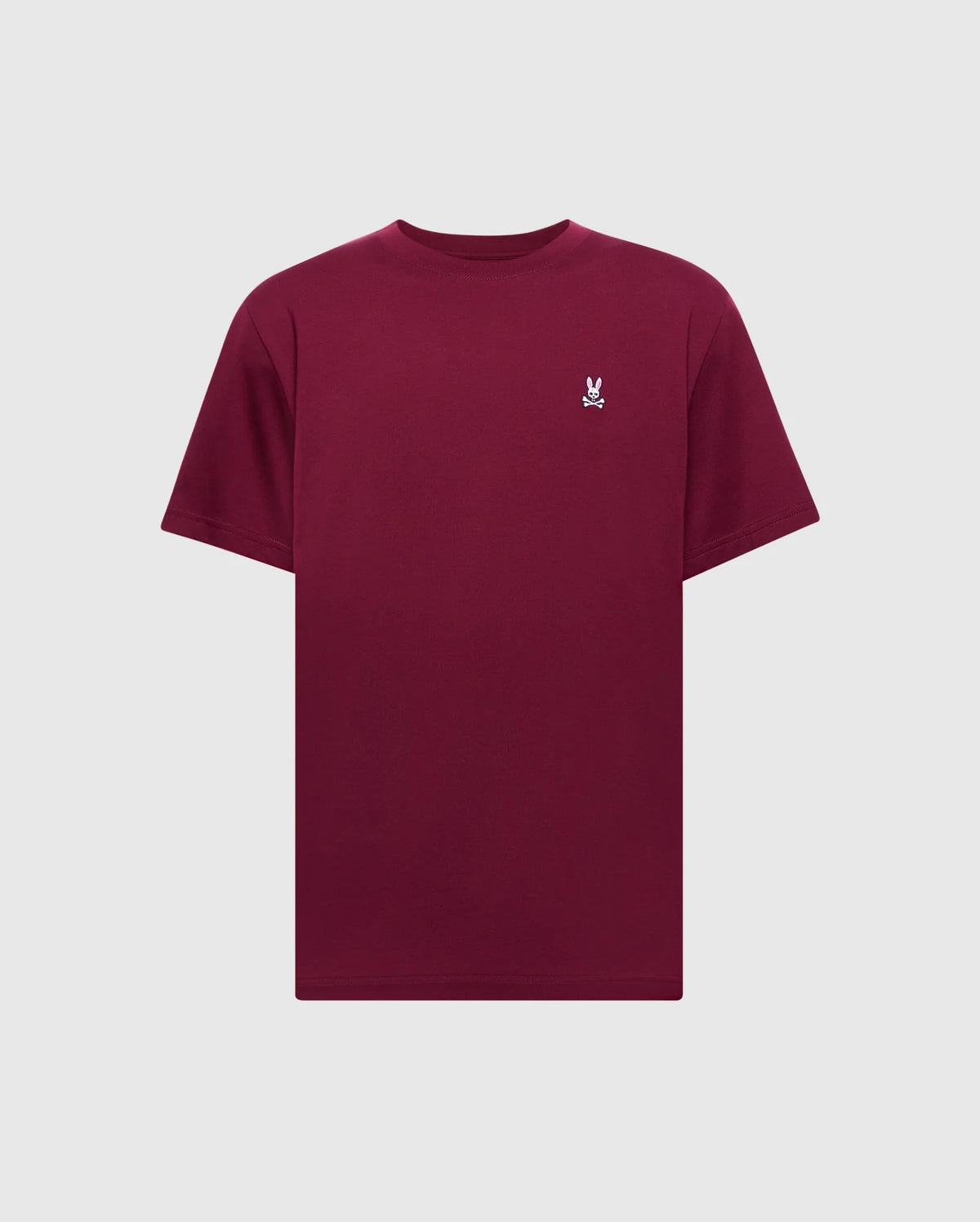 The Psycho Bunny Men's Classic Crew Neck Tee (B6U014Z1PC) in maroon is made from soft Pima cotton and adorned with a small embroidered rabbit logo on the upper left side against a plain light gray background.