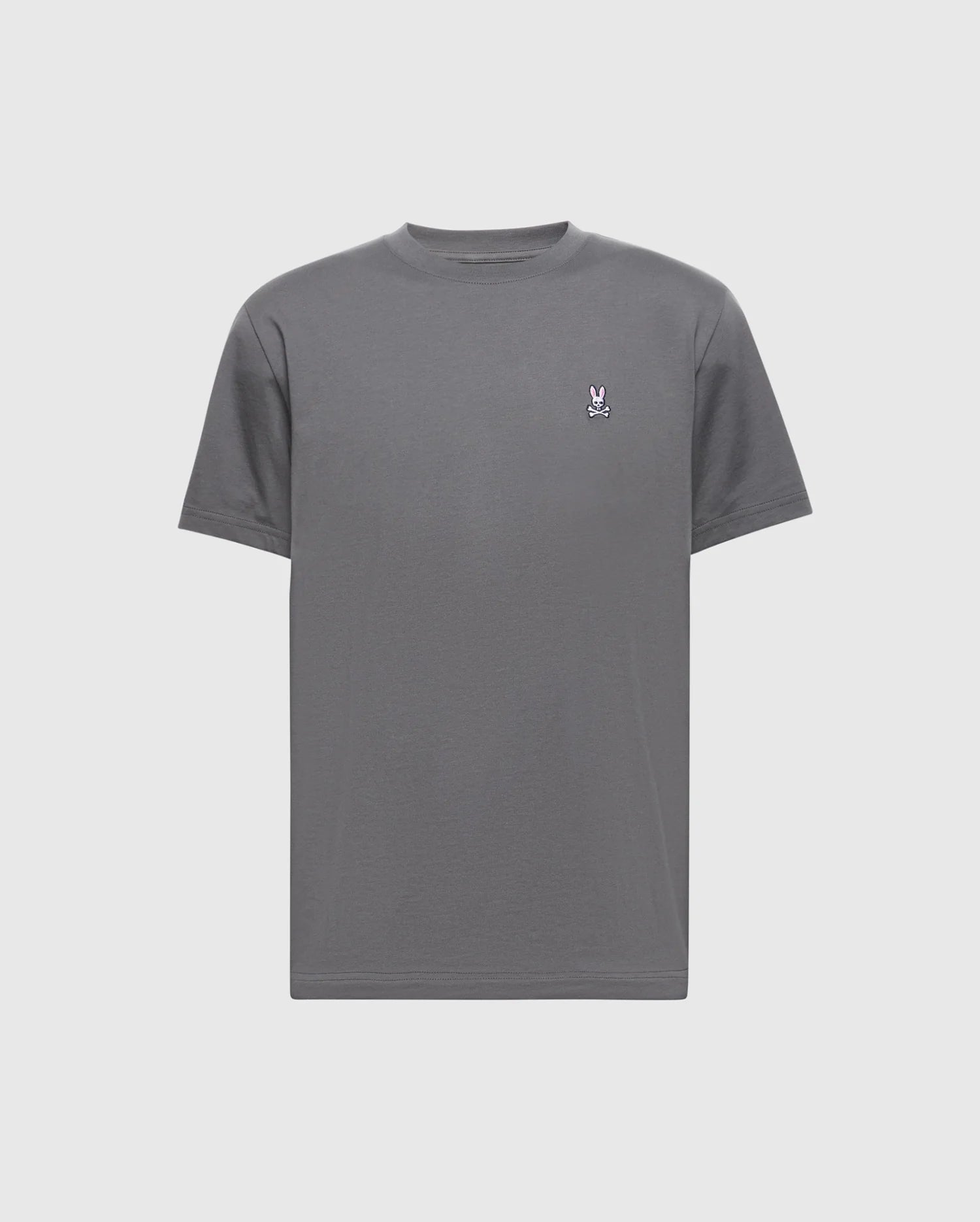 The Psycho Bunny MENS CLASSIC CREW NECK TEE - B6U014F200 is a gray pima cotton tee with short sleeves and an embroidered bunny logo on the left chest, shown against a white background.