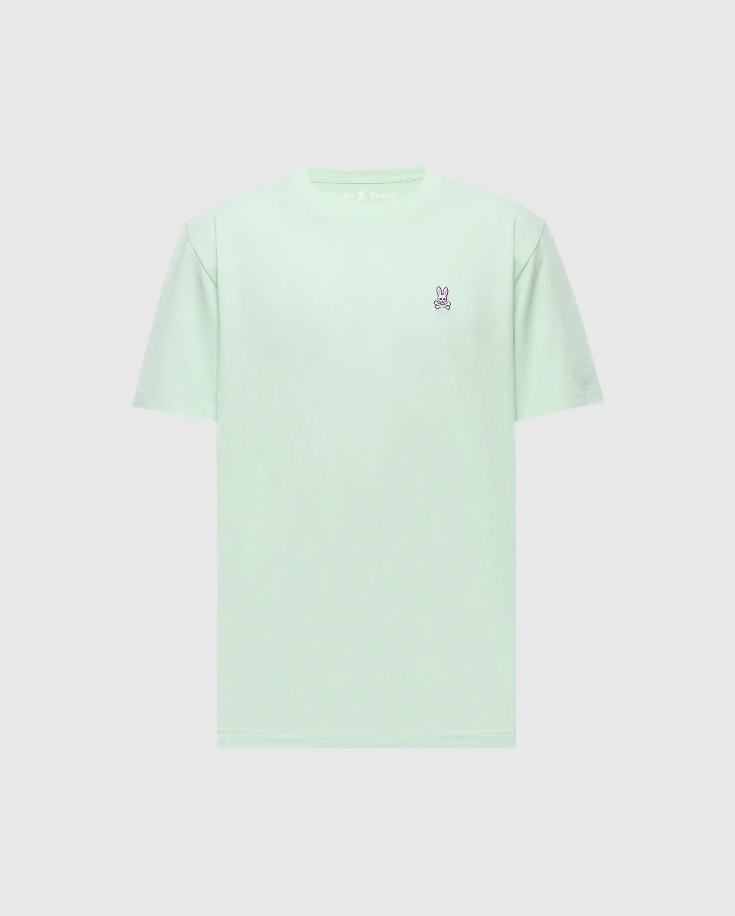 The Psycho Bunny MENS CLASSIC CREW NECK TEE (B6U014F200) features a light green hue and is crafted from soft Pima cotton, with a small embroidered bunny logo on the upper left chest. The tee is displayed against a plain light background, highlighting its simple, casual design.