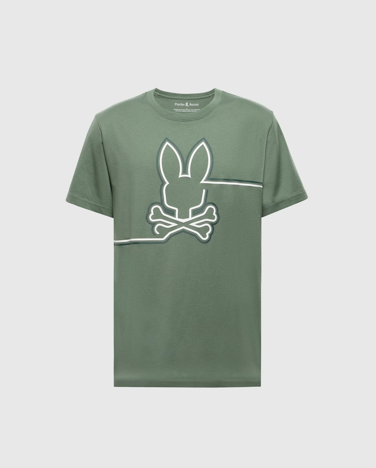 The MENS CHESTER GRAPHIC TEE - B6U022D200 by Psycho Bunny is a green premium Pima Cotton T-shirt from Peru, featuring a stylized rabbit's head and crossed bones logo intersected by two parallel lines on the front.