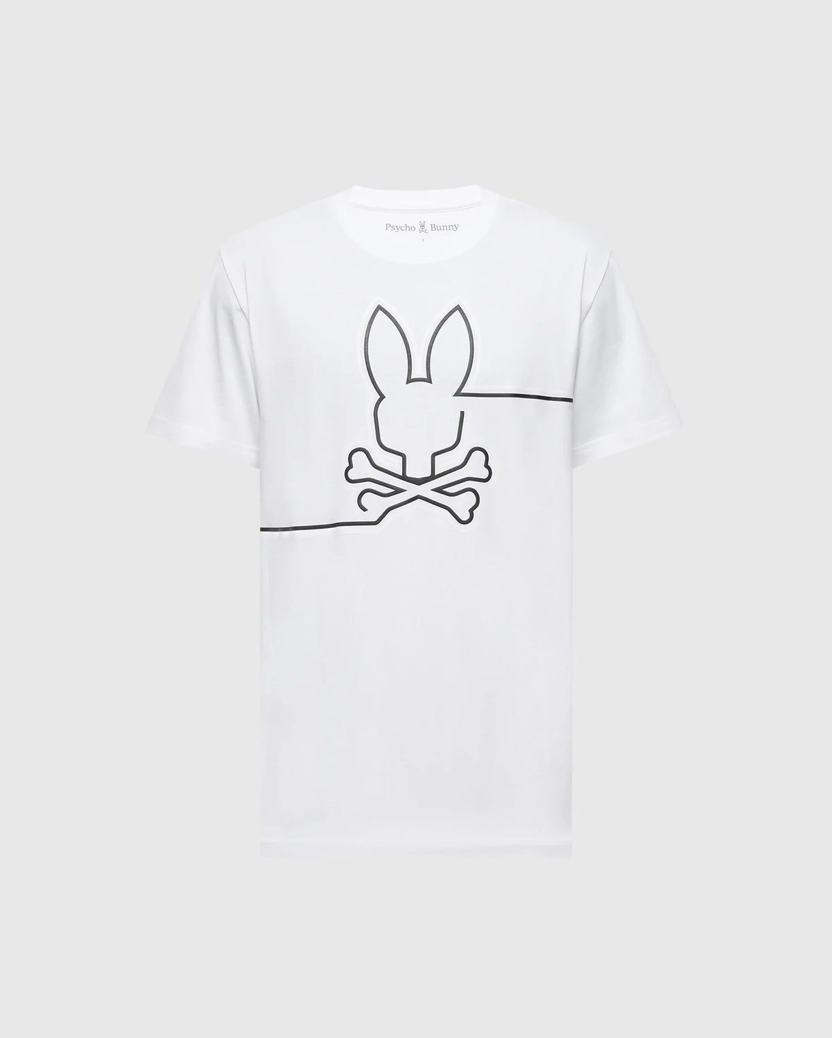 The Psycho Bunny MENS CHESTER GRAPHIC TEE - B6U022D200 is a white T-shirt crafted from 100% Pima cotton, featuring a line drawing of a bunny skull and crossbones on the front. Made in Peru.