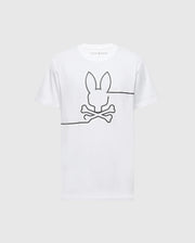The Psycho Bunny MENS CHESTER GRAPHIC TEE - B6U022D200 is a white T-shirt crafted from 100% Pima cotton, featuring a line drawing of a bunny skull and crossbones on the front. Made in Peru.