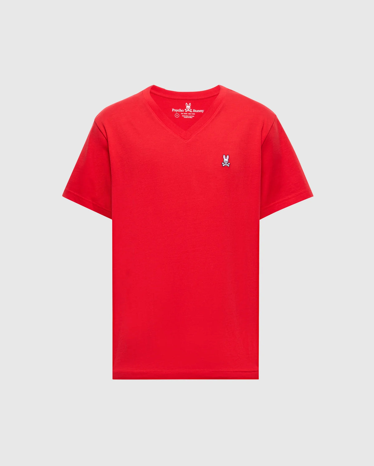 A bright red Psycho Bunny men's V-neck tee, 100% Pima cotton, featuring a blue and white embroidered logo on the left chest, shown on a light gray background. Product: MENS CLASSIC V NECK TEE - B6U100CRPC.