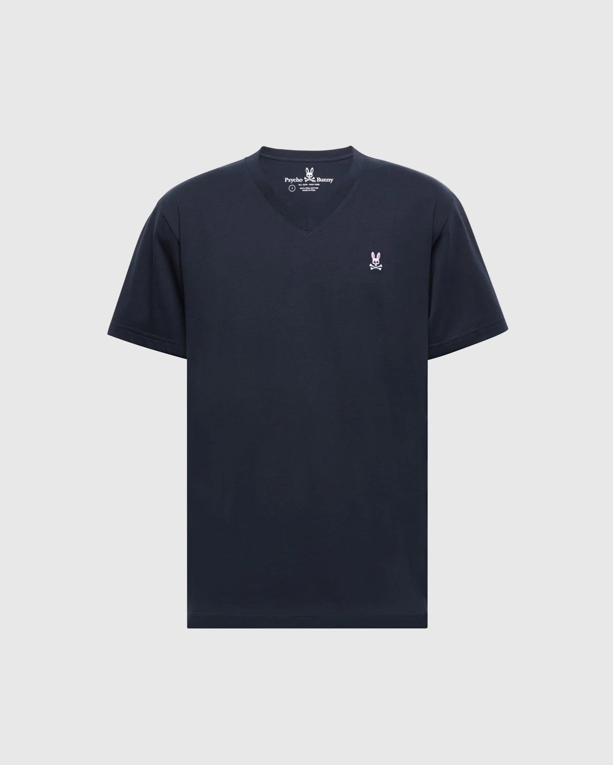 The Psycho Bunny Men's Classic V-Neck Tee (B6U100ARPC) is a plain black, short-sleeved shirt made from soft Pima cotton. It includes a small white embroidered rabbit logo on the left chest set against a light gray background.