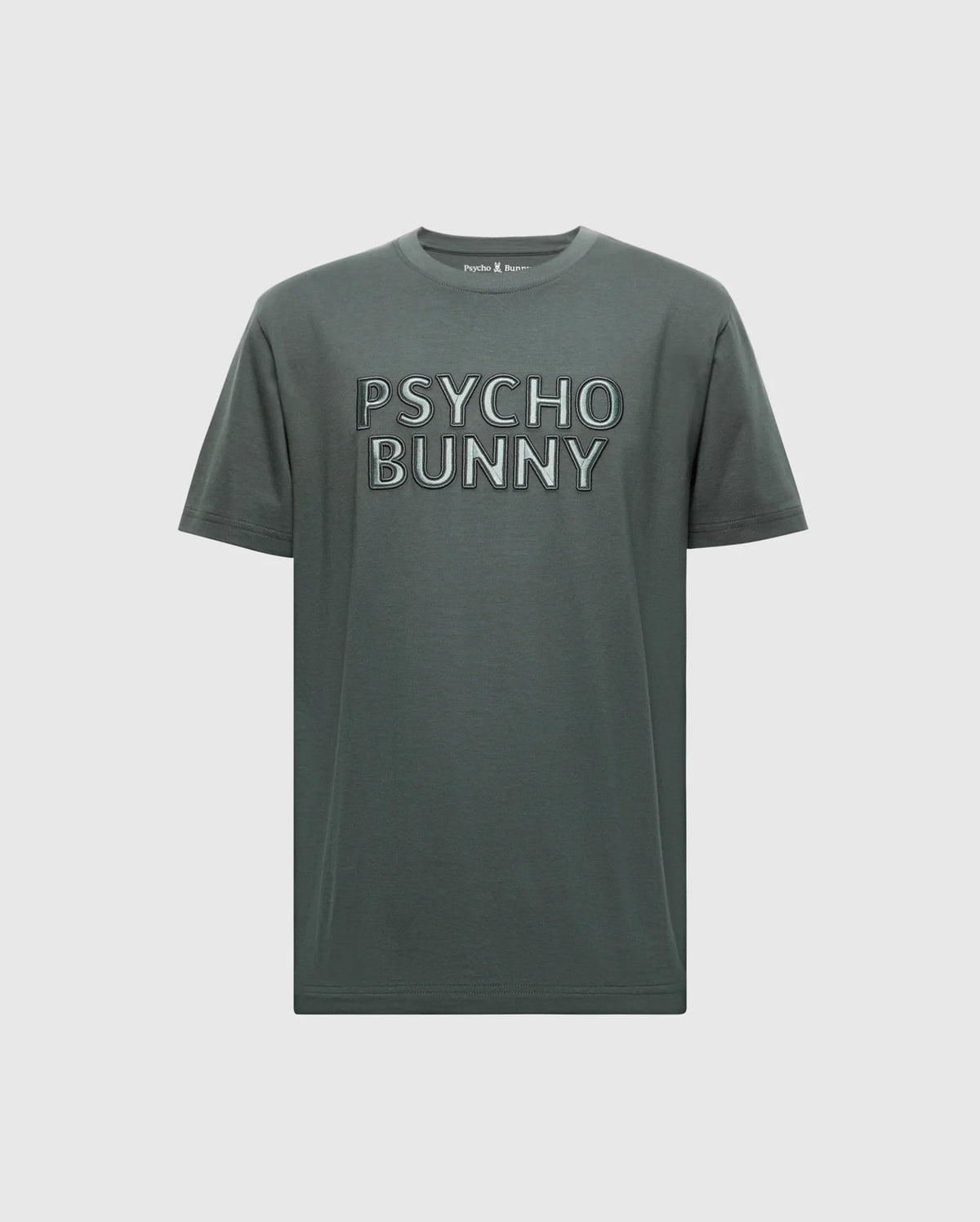Introducing the MENS PIERCE EMBROIDERED GRAPHIC TEE - B6U116E200 from Psycho Bunny, a stylish gray tee with the "Psycho Bunny" design prominently embroidered on the front. This shirt features a classic crew neck and is made from luxurious Pima Cotton for unmatched comfort.