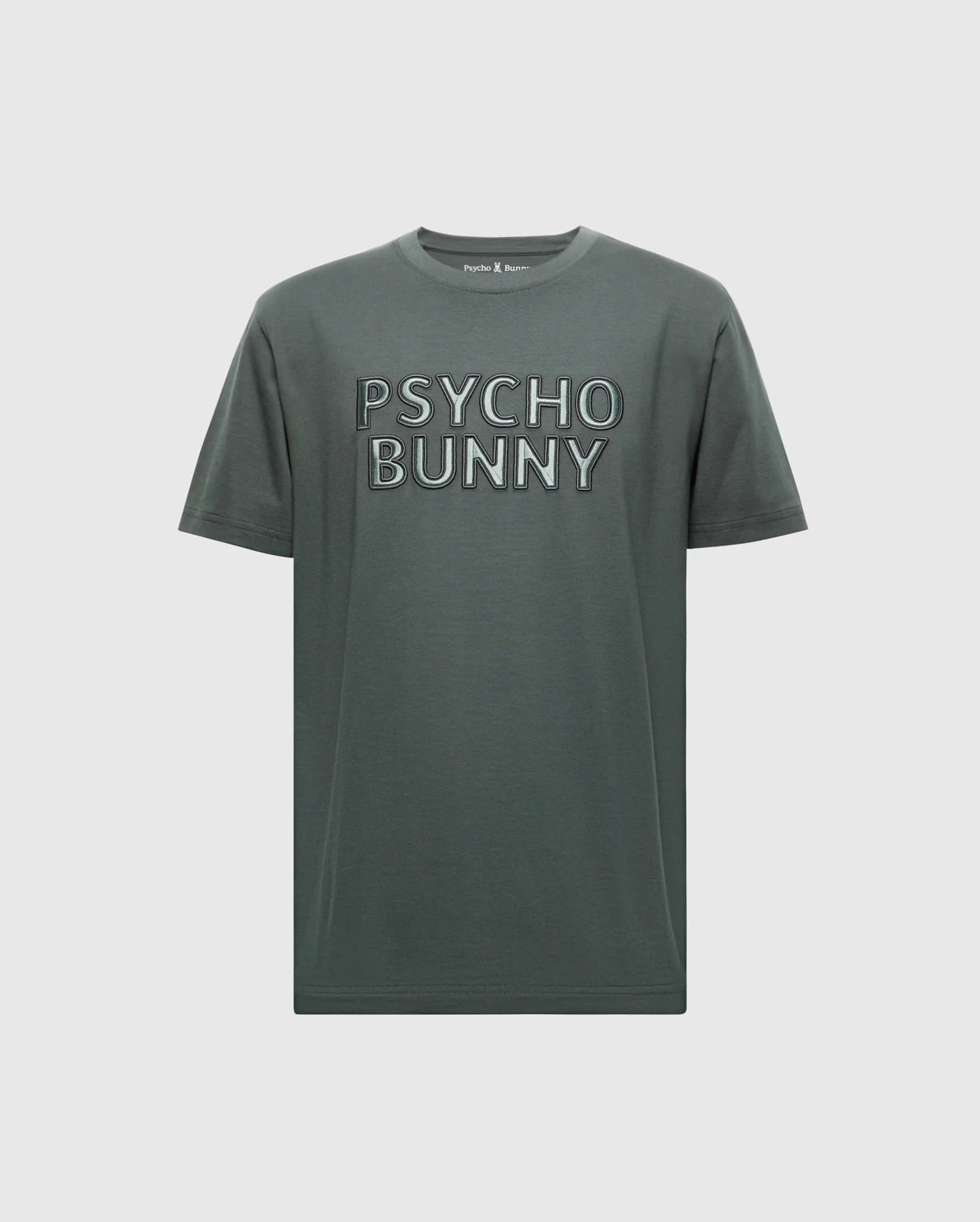 Introducing the MENS PIERCE EMBROIDERED GRAPHIC TEE - B6U116E200 from Psycho Bunny, a stylish gray tee with the "Psycho Bunny" design prominently embroidered on the front. This shirt features a classic crew neck and is made from luxurious Pima Cotton for unmatched comfort.