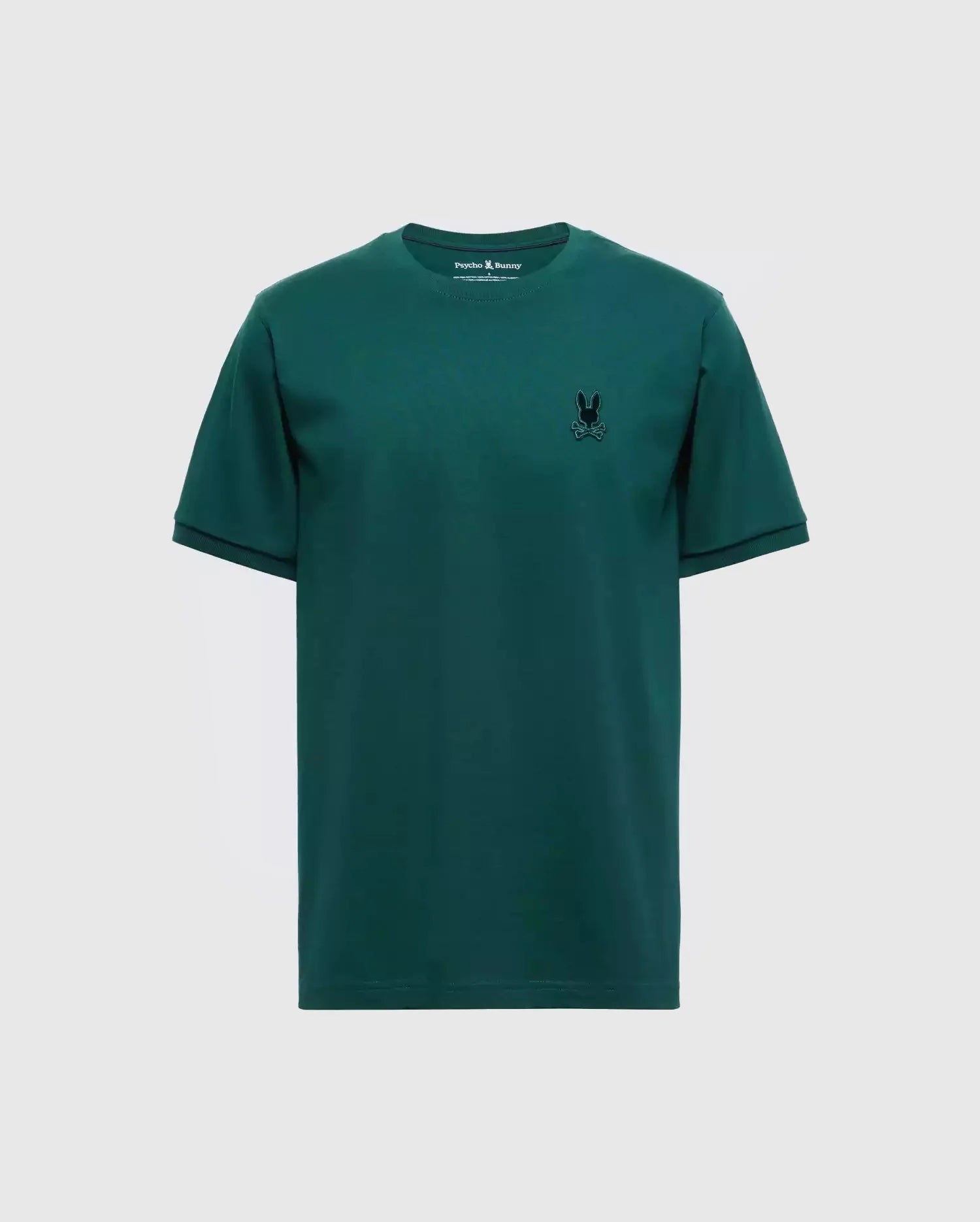 The Psycho Bunny Men's Branson Fashion Tee - B6U137E200 is a premium quality, lightweight T-shirt in dark green. It features a small, embroidered black logo with ears on the left chest, short sleeves, and a crew neck. Set against a light gray background, it epitomizes style and sophistication.