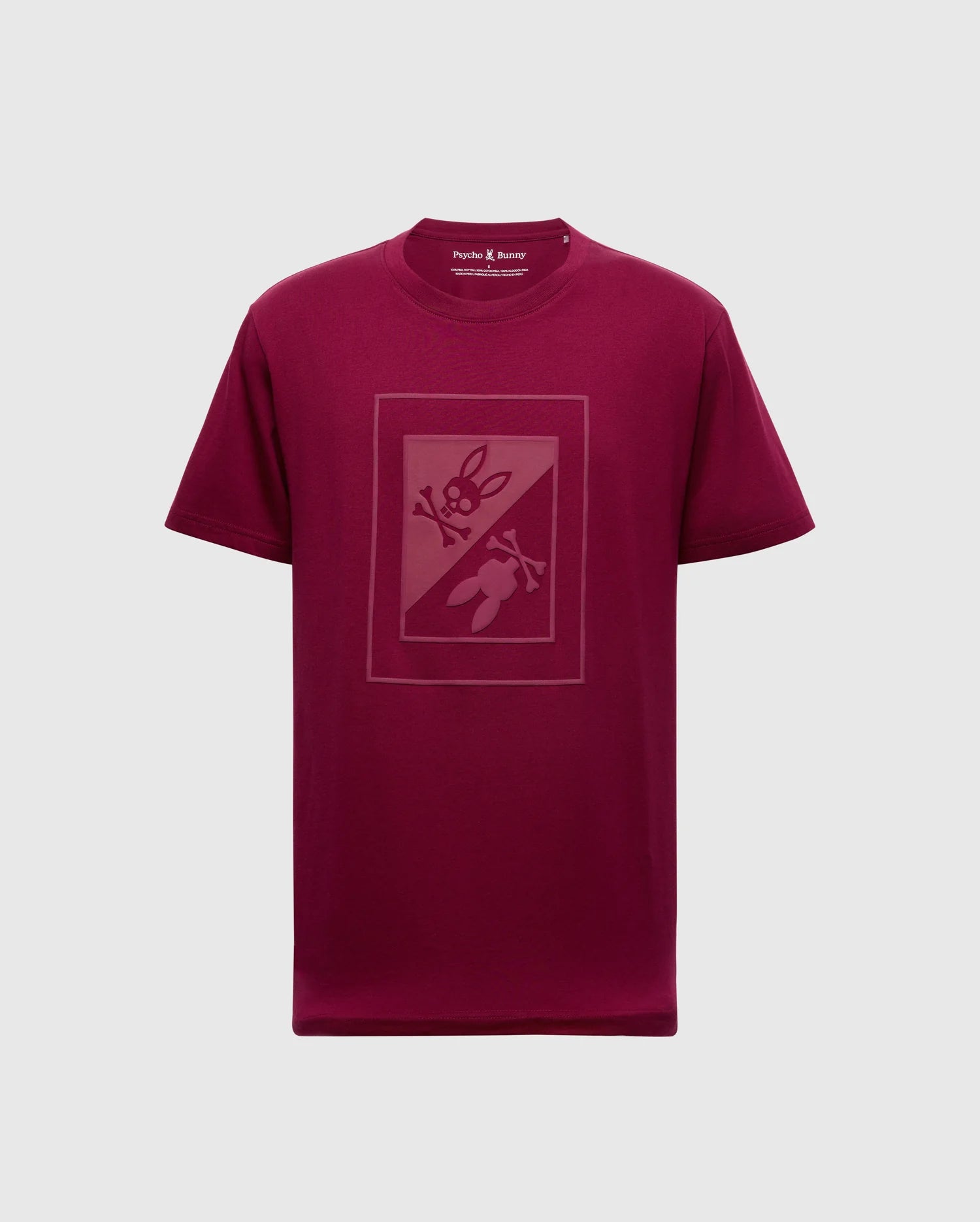 Introducing the Psycho Bunny Men's Dotsero Graphic Tee (B6U197E200), a stylish maroon tee adorned with a subtle graphic print at the center. This design features abstract shapes incorporating scissors and a rabbit, made from soft pima cotton. It sports a classic crewneck style against a plain white background.