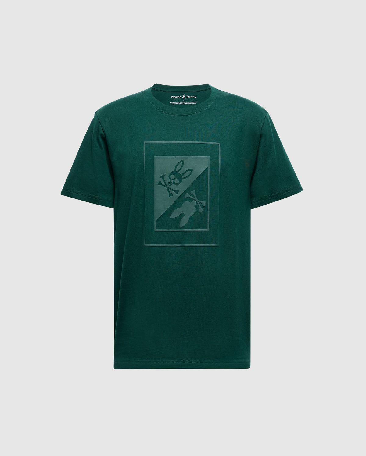 The Psycho Bunny Men's Dotsero Graphic Tee (B6U197E200) in green features a distinctive rectangular design on the front, highlighting a subtle graphic of a knife and bunny with crossed bones. It is crafted from soft Peruvian Pima Cotton for ultimate comfort.