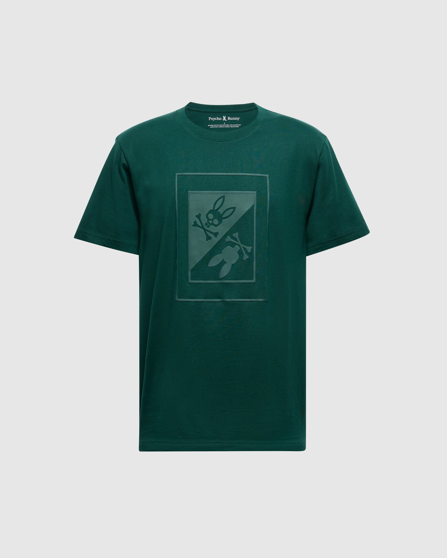 The Psycho Bunny Men's Dotsero Graphic Tee (B6U197E200) in green features a distinctive rectangular design on the front, highlighting a subtle graphic of a knife and bunny with crossed bones. It is crafted from soft Peruvian Pima Cotton for ultimate comfort.