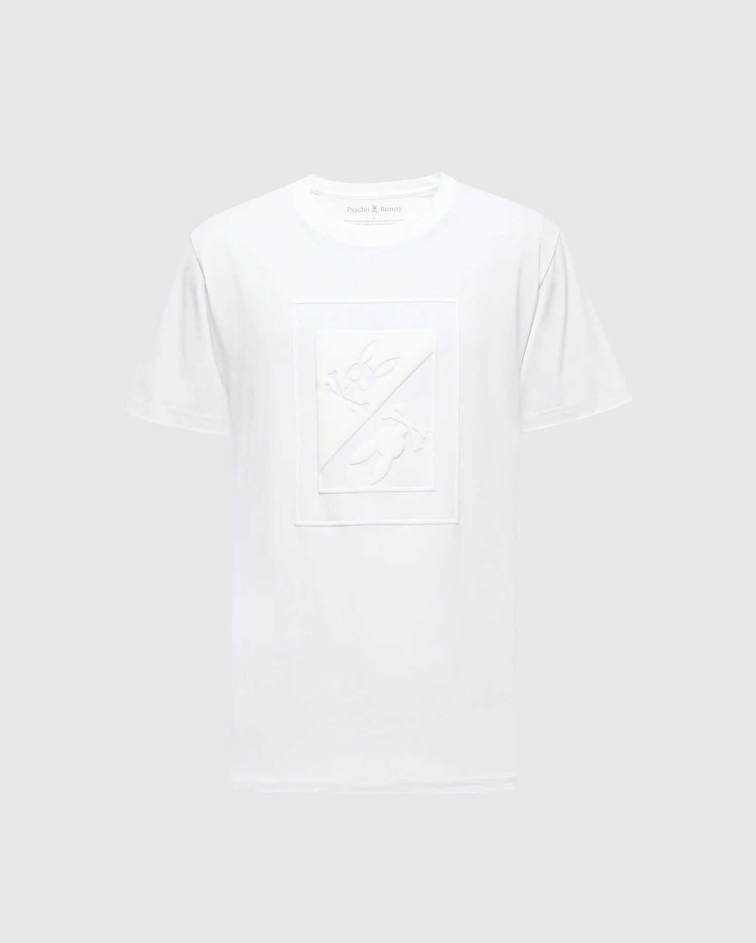 Introducing the MENS DOTSER GRAPHIC TEE - B6U197E200 from Psycho Bunny: This white Pima Cotton Tee features a subtle rectangular design in the center, showcasing abstract shapes in a slightly lighter shade on a neutral gray background. It's an ideal choice for graphic tee enthusiasts seeking both comfort and style.