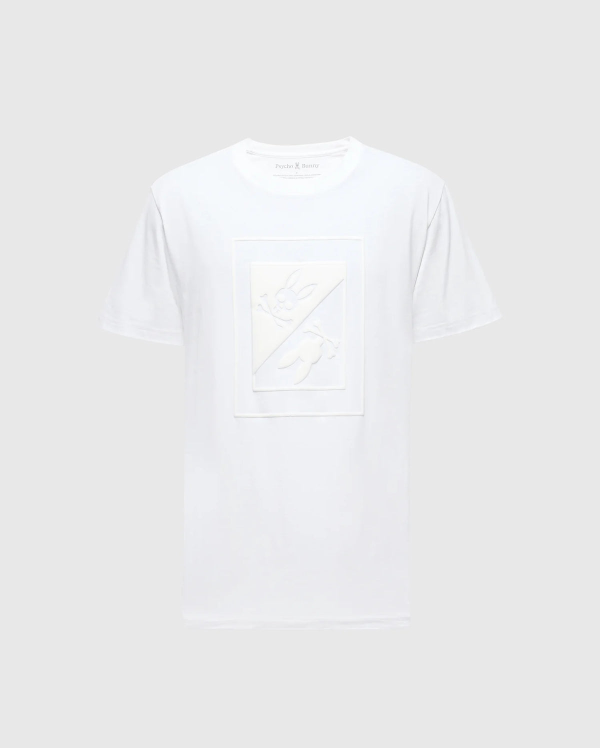 Introducing the MENS DOTSER GRAPHIC TEE - B6U197E200 from Psycho Bunny: This white Pima Cotton Tee features a subtle rectangular design in the center, showcasing abstract shapes in a slightly lighter shade on a neutral gray background. It's an ideal choice for graphic tee enthusiasts seeking both comfort and style.