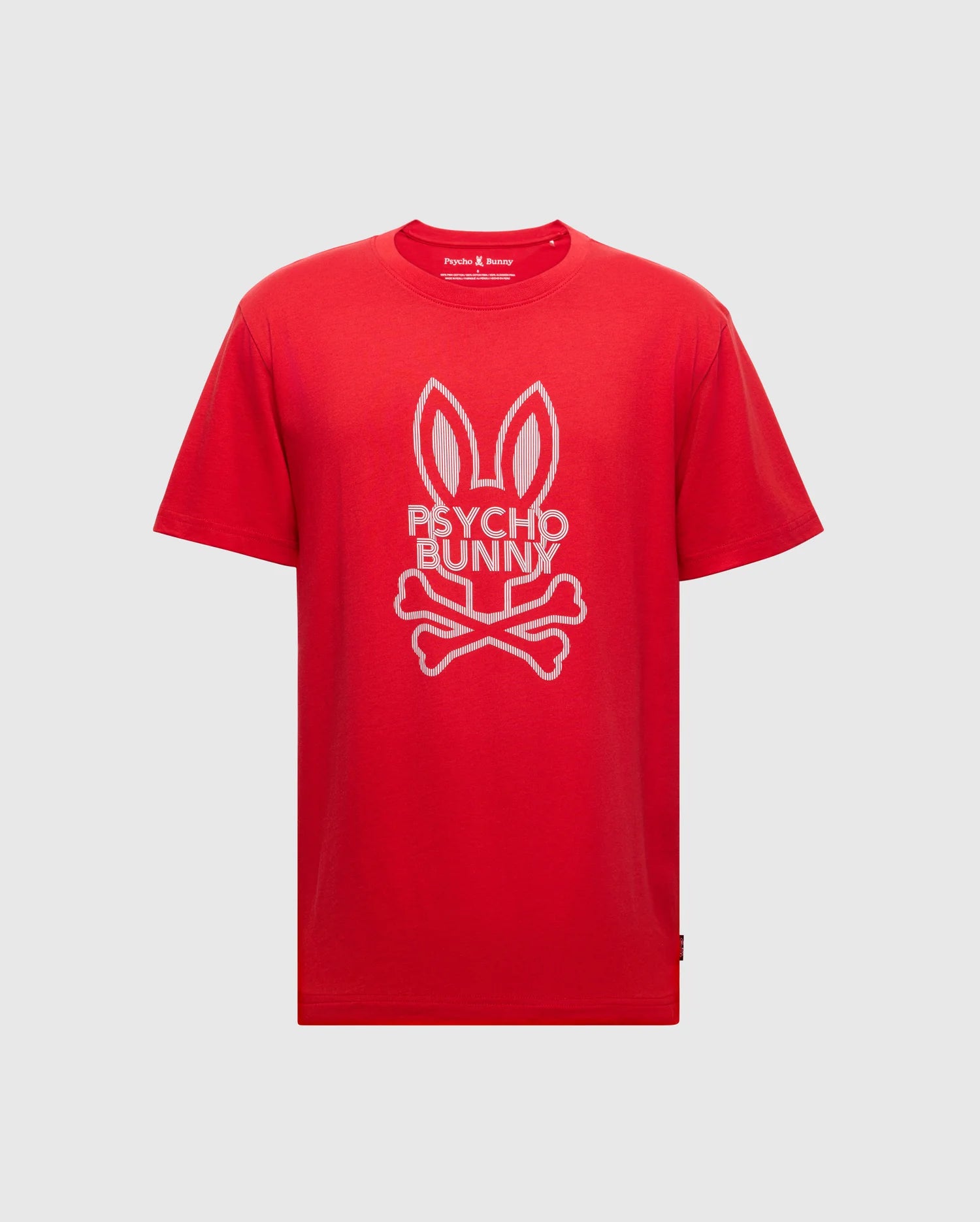 The Men's Dumon Graphic Tee - B6U271E200 from Psycho Bunny features a striking front design with bunny ears and crossbones, complemented by the "Psycho Bunny" text. Made from 100% Peruvian Pima cotton, this red tee combines style with luxurious comfort.