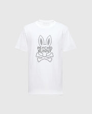 The MENS DUMON GRAPHIC TEE - B6U271E200 by Psycho Bunny is a Men's Graphic T-Shirt made from Premium Pima Cotton, showcasing a white design with graphics of bunny ears above crossed bones and the text "Psycho Bunny" in gray.