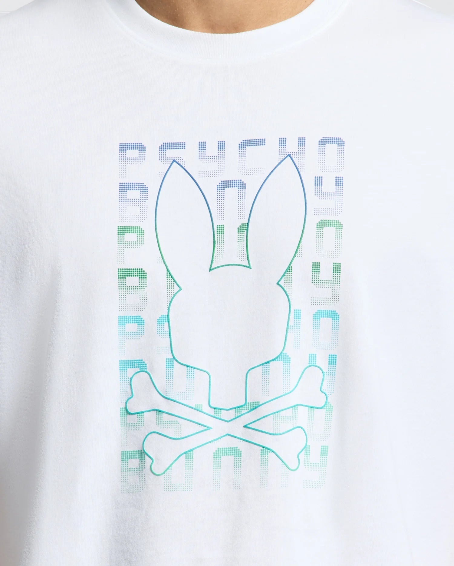The Psycho Bunny Men's Cortes Graphic Tee (B6U328E200) features a bunny skull and crossbones outline, with "PSYCHO BUNNY" in a vibrant blue-to-green gradient, enhancing its unique design.