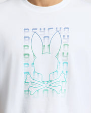 The Psycho Bunny Men's Cortes Graphic Tee (B6U328E200) features a bunny skull and crossbones outline, with "PSYCHO BUNNY" in a vibrant blue-to-green gradient, enhancing its unique design.