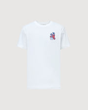 Celebrate Puerto Rican pride with the Psycho Bunny MENS PUERTO RICO TEE - B6U382F200, a white Pima cotton tee featuring a minimalist pink and blue graphic of palm trees and a building on the left chest.