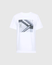 Psycho Bunny's MENS DEAN PHOTO REAL TEE - B6U390E200 is a white Pima cotton T-shirt featuring an urban geometric print of a black and white staircase with handrails, accented by a subtle floral design on the left side.