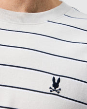 A close up of the mens pima cotton alton stripe heavy weight tee featuring black stripes and a black brand logo