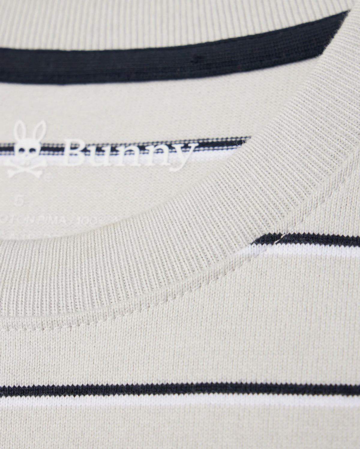 Zoomed in detail of the neckline of the mens pima cotton alton stripe heavy weight tee