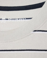 Zoomed in detail of the neckline of the mens pima cotton alton stripe heavy weight tee