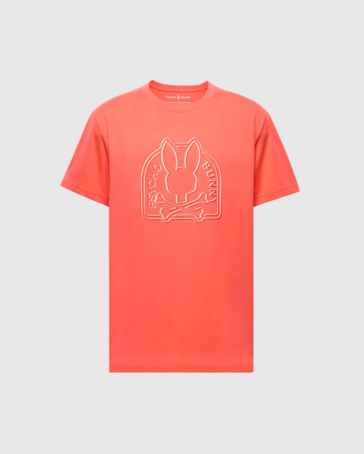 The MENS MELBOURNE GRAPHIC TEE (B6U410F200) by Psycho Bunny is a red T-shirt made from eco-friendly Peruvian Pima Cotton, featuring a white bunny logo with "Psycho Bunny" on the chest, displayed against a plain background.