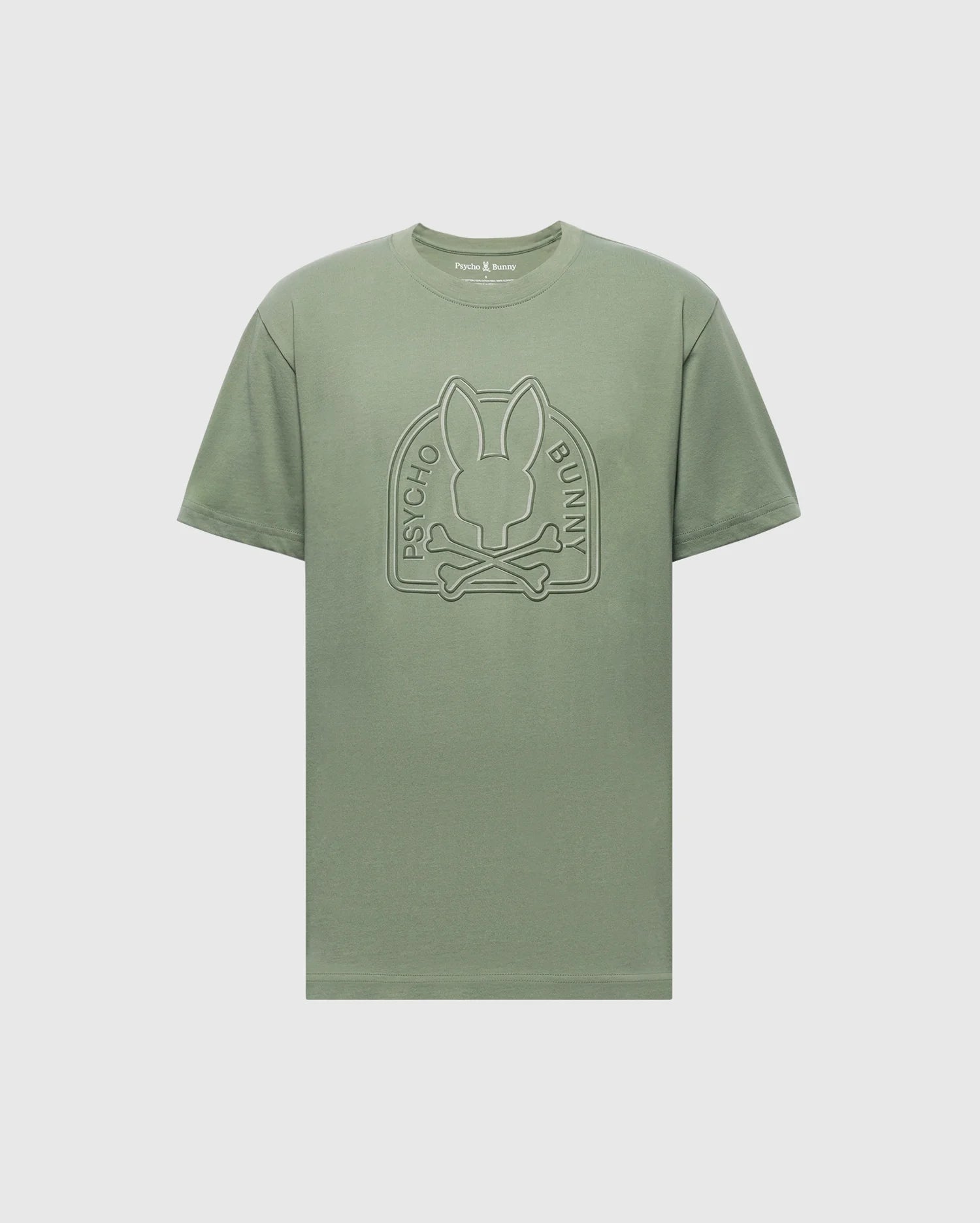 The Mens Melbourne Graphic Tee by Psycho Bunny features a large rabbit with crossbones emblem and "Psycho Bunny" text on the front. It's eco-friendly, crafted from Peruvian Pima cotton, in green with a light gray background.
