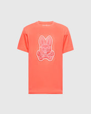 The MENS SYDNEY GRAPHIC TEE - B6U508F200 by Psycho Bunny is a coral-colored, soft Pima cotton T-shirt featuring a glow-in-the-dark bunny with crossed bones graphic on the front.