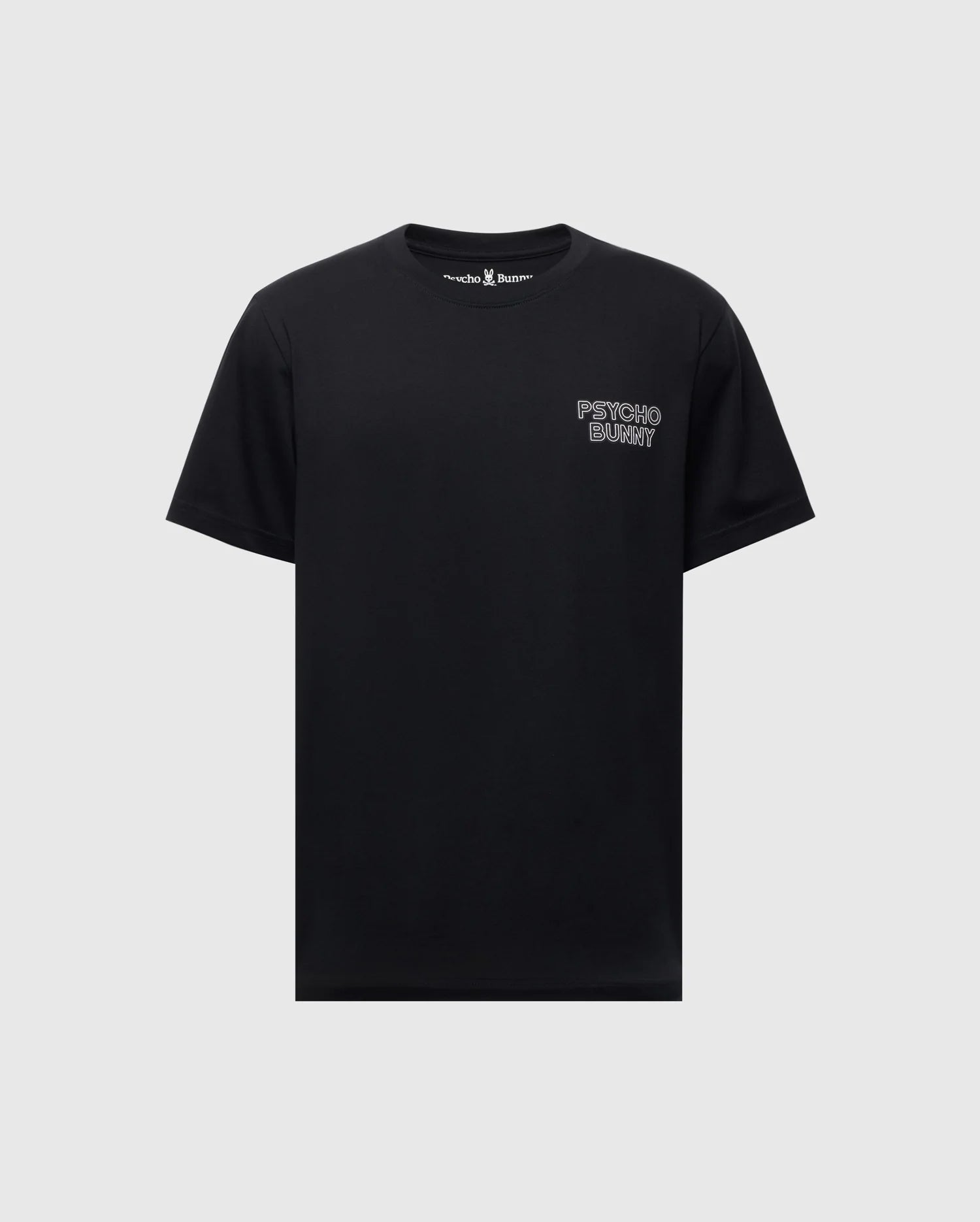 The Psycho Bunny Men's Sydney Back Graphic Tee (B6U509F200) is a black T-shirt made from soft Pima cotton, featuring a white water-based "Psycho Bunny" logo print on the upper left chest with a regular fit for comfort.