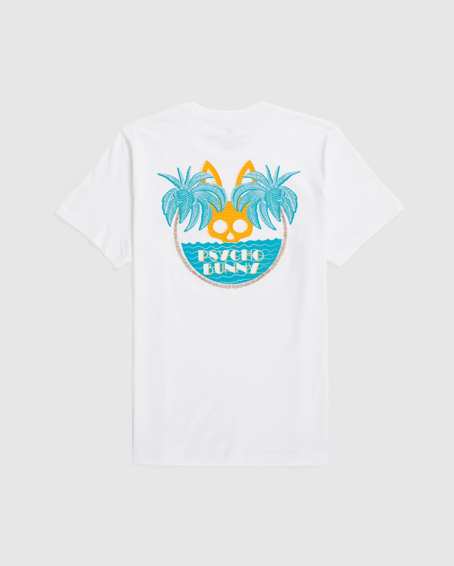 A white men's MENS MIAMI TEE - B6U550W1PC featuring a colorful design on the back. The graphic includes two blue palm trees and an orange and blue bunny with the words "Psycho Bunny" set inside a blue wave pattern. Made from soft Pima cotton, this Miami-inspired shirt has a plain white background.