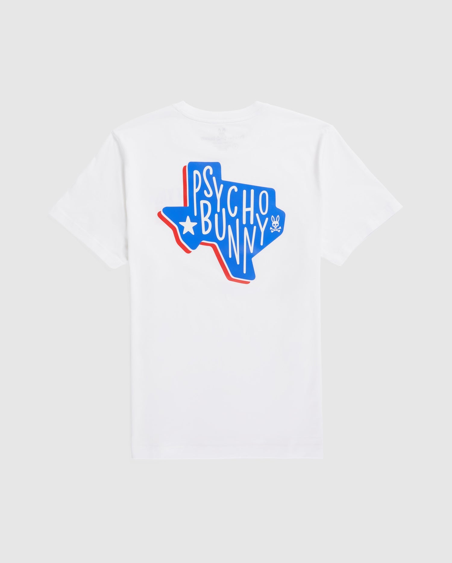 White MENS TEXAS TEE crafted from Pima cotton jersey, featuring a graphic design of the state of Texas in blue and red colors with the "Psycho Bunny" text and a star inside the outline.