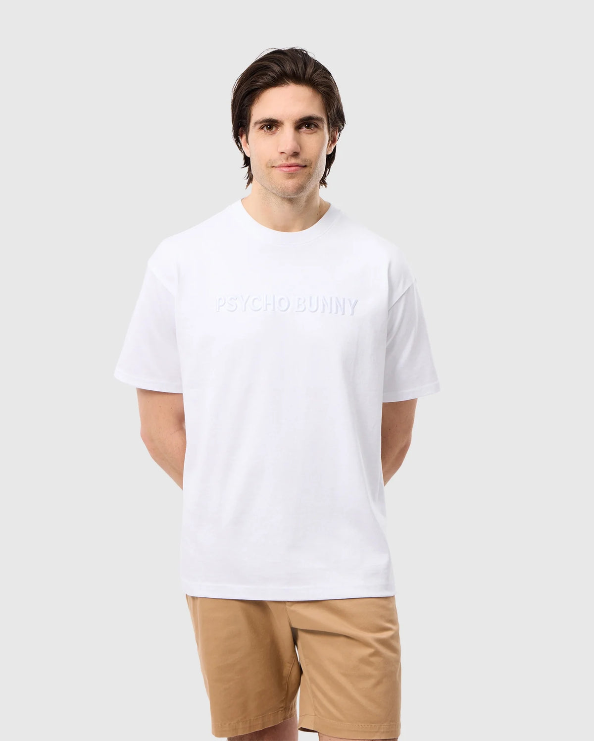 male model wearing the pima cotton windcrest heavy weight tee in white