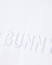 close up of front wordmark graphic of the pima cotton windcrest heavy weight tee in white