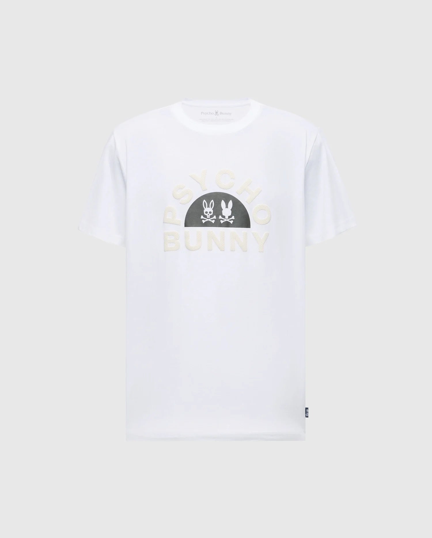 The Men's Goldie Graphic Tee, B6U606F200 by Psycho Bunny, is a white Pima cotton short-sleeve shirt featuring "Psycho Bunny" on the front and a black semicircle with two white bunny silhouettes facing each other, combining style and comfort.